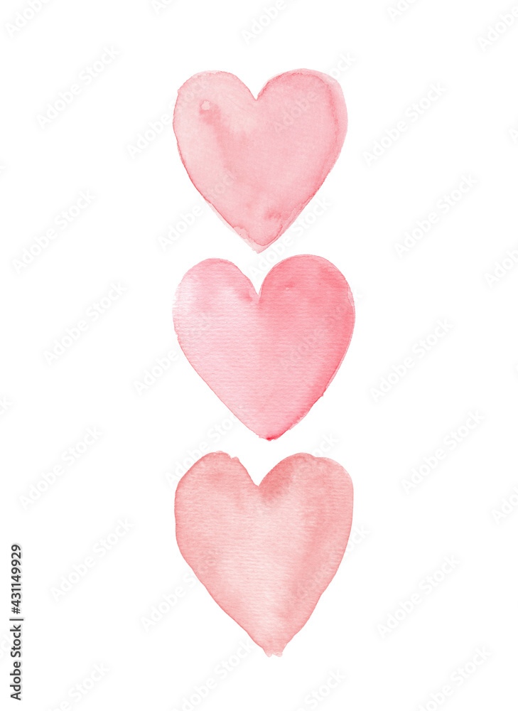 Watercolor Painting with Cute Pink Hearts. Simple Art with Light Pink  Hearts on a White Background. Lovely Print ideal for Card, Wall Art, Poster, Kids Room Decoration. Valentines's Day Print. 