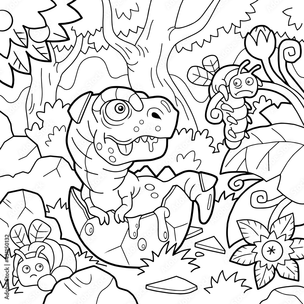 little cute dinosaur, coloring book, outline illustration
