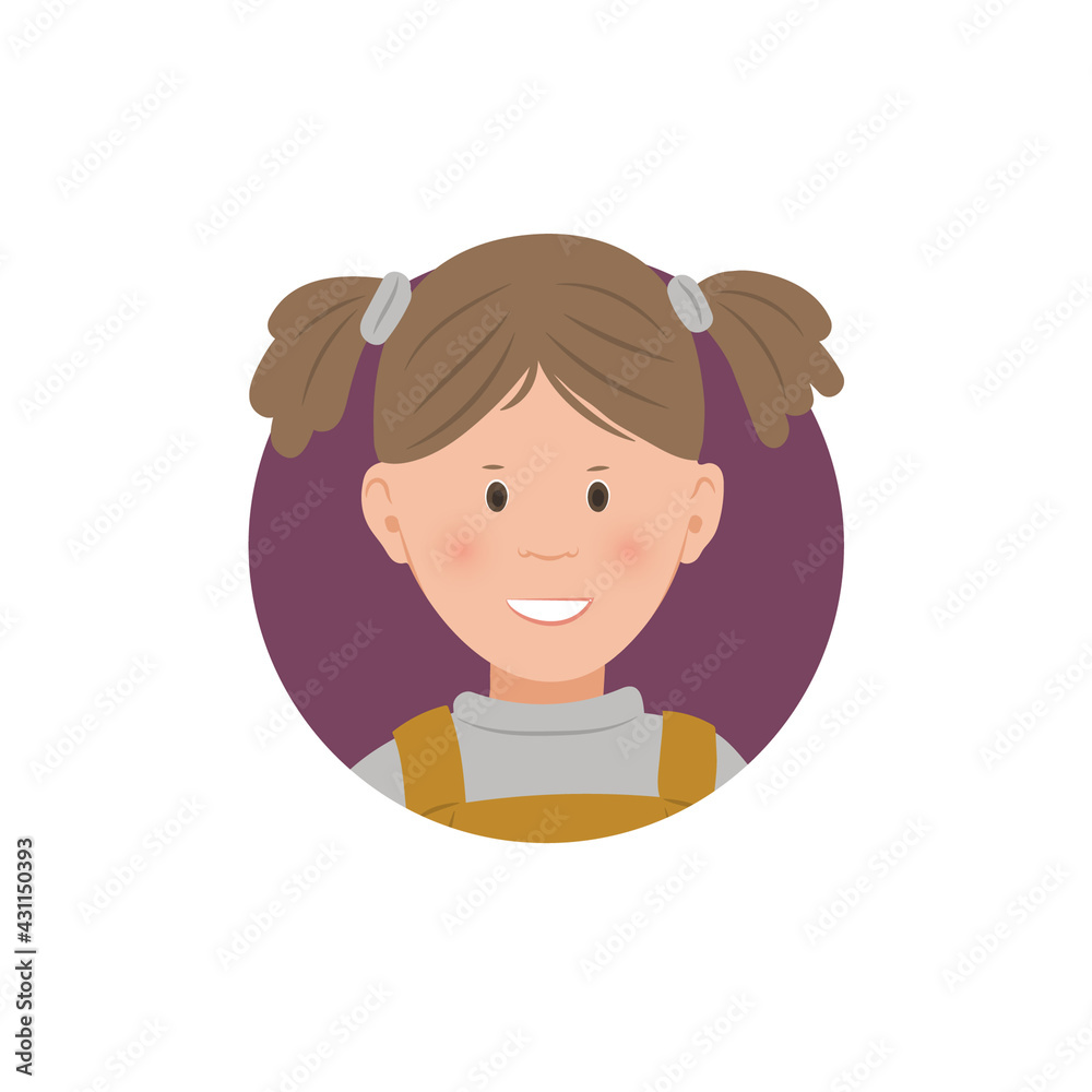 Caucasian little girl blonde cartoon avatar-the face of a character in a circle, flat vector illustration, isolated on a white background.