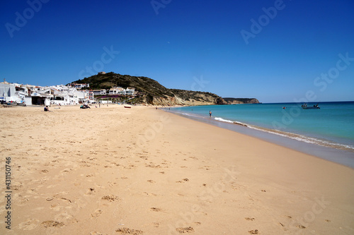 beautiful empty beach of Salema in Portugal Algarve during off season