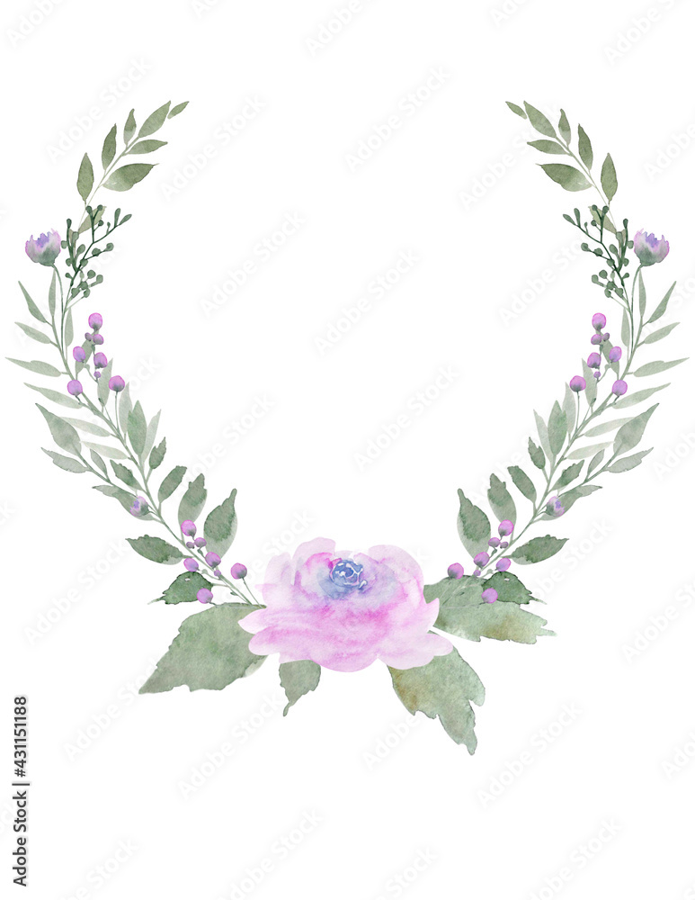 Watercolor purple rose frame for wedding invitation. Floral romantic border. Violet flowers wreath illustration