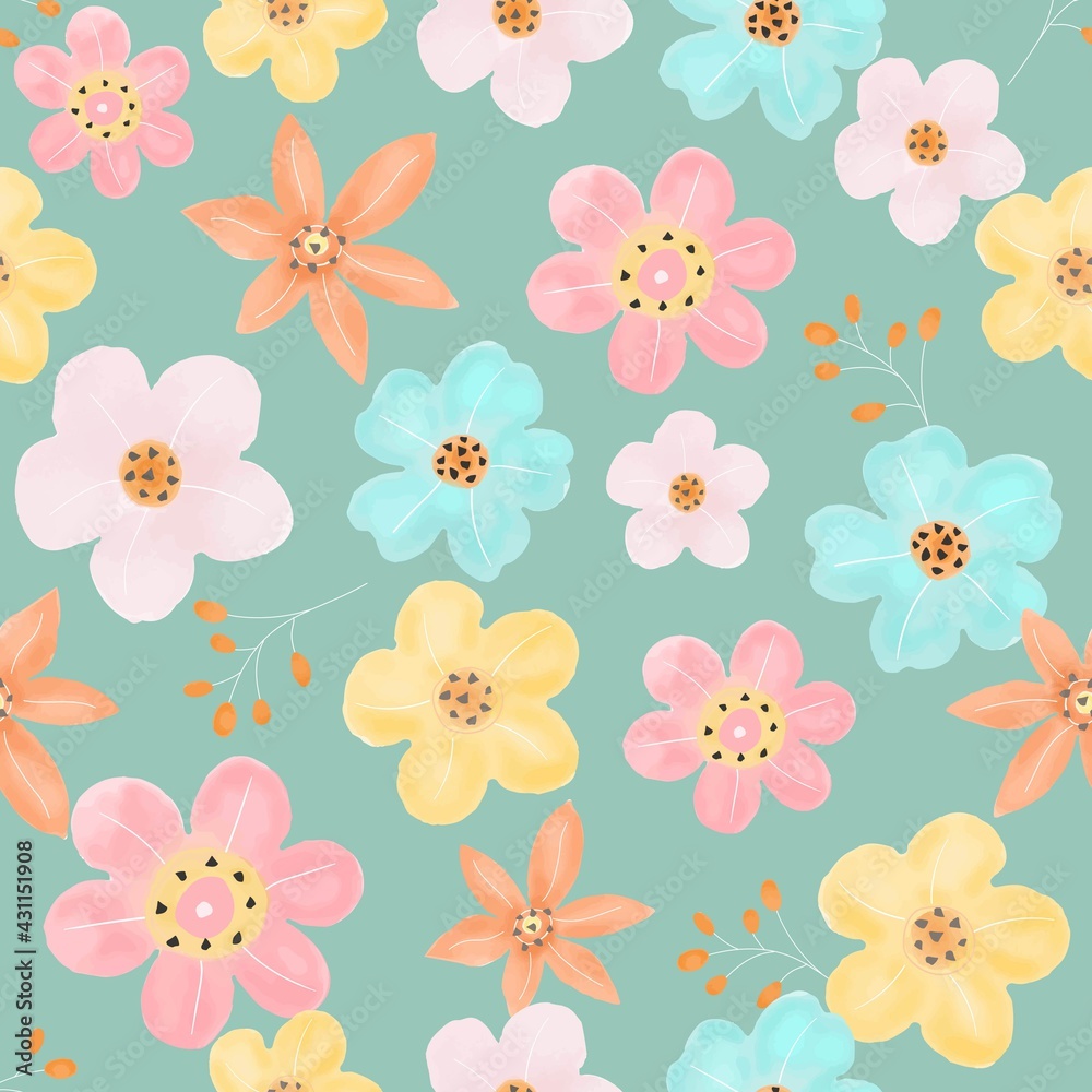 Colorful flower on green background seamless pattern.