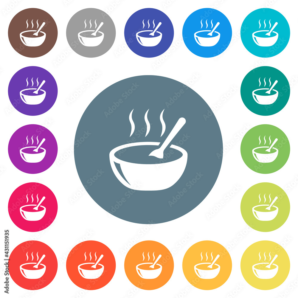 Glossy steaming bowl of soup with spoon flat white icons on round color backgrounds Glossy steaming bowl of soup with spoon flat white icons on round color backgrounds