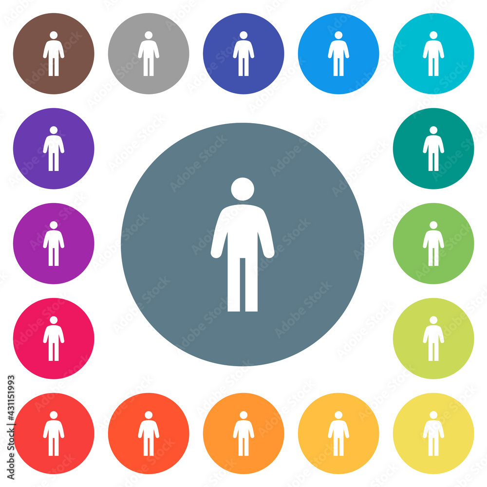 Standing man flat white icons on round color backgrounds Standing man flat white icons on round color backgrounds