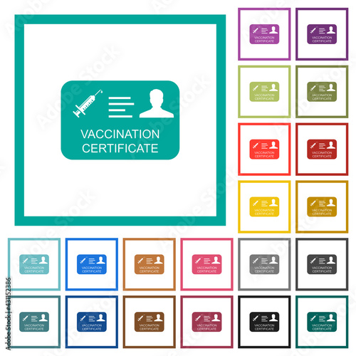 Vaccination certificate flat color icons with quadrant frames