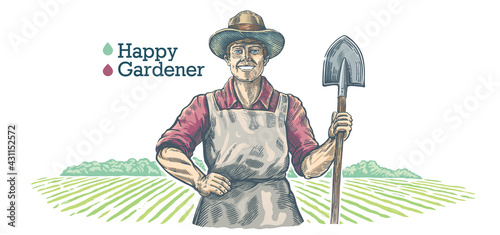 Happy gardener, holds a shovel in his hands. Illustration in engraving style.