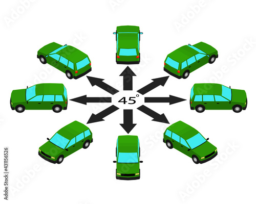 Rotation of the station wagon car by 45 degrees. Estate car in different angles in isometric.