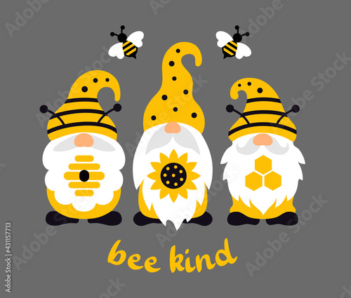 Bee gnomes with quote: bee kind. Summer vector illustration. Cute gnomes beekeepers keep a beehive, honeycomb and sunflower. Funny scandinavian characters in cartoon style.