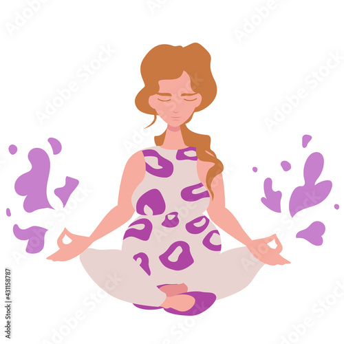 Blond Pregnant Girl id doing Yoga in a Thoughtful Meditation Pose. Vector illustration isolated on white background with minimalistic floral decoration.
