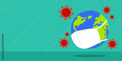 Earth wearing mask with floating viruses. The creative concept of coronavirus spread around the world. Covid-19 epidemic. Global pandemic crisis. Trendy cute flat style vector background illustration.