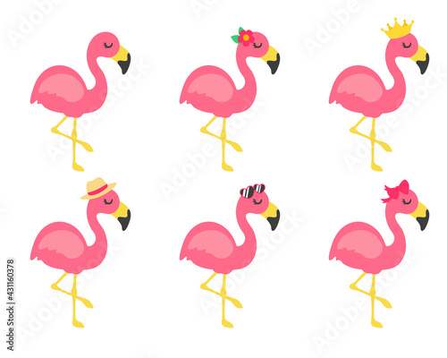 Vector cartoon flamingos and flower accessories, glasses, bows and hats. Great for summer travel.