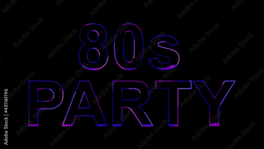 Dance party in 80s style. Party text with sound waves effect. Glowing neon lights. Retrowave and synthwave style. Intro text. Vj animation for night clubs, LED screens and projectors, music videos