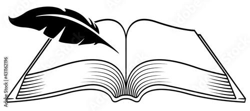 Book and quill pen for writing, vector illustration
