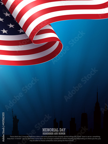Blue illustration with silhouette of waving USA flag, silhouette of buildings, bright rays of light, independence day, design element