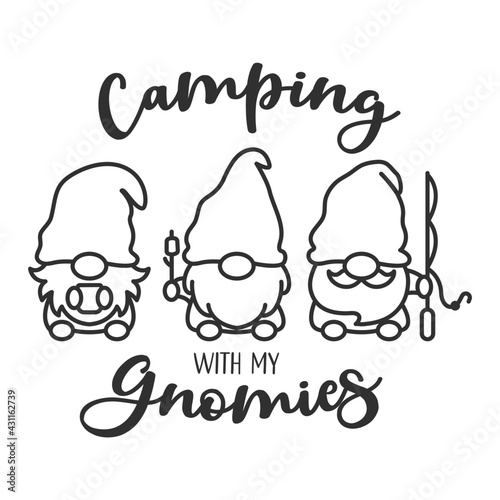 Camping gnomes. Three gnomes doing activities Hiking and fishing in the summer.