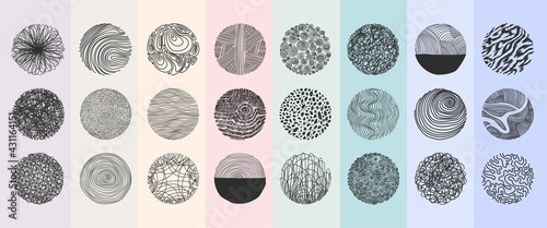 Set of hand drawn round abstract black and white backgrounds or patterns. Vector doodle shapes. Spots, drops, curves, pastel lines. Contemporary modern trendy. Posters, social media Icons templates.