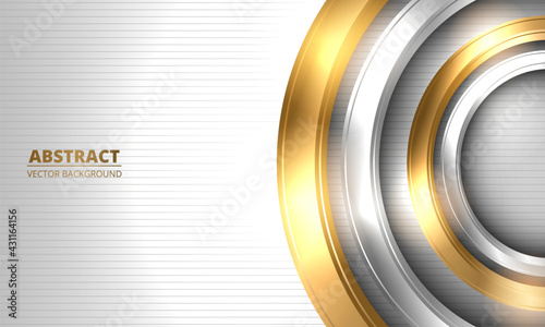Abstract luxury vector background. Three-dimensional gold and silver circles on striped white background. Vector illustration EPS 10.