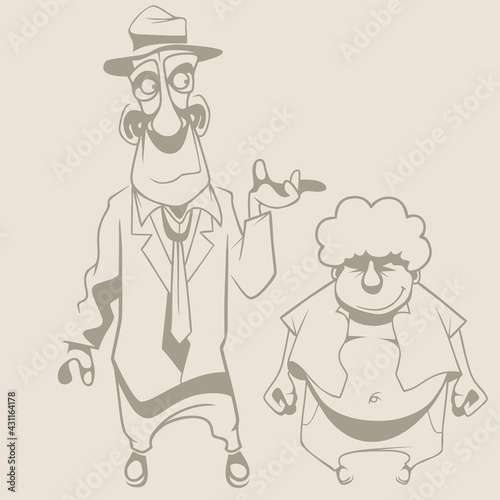 cartoon man in suit and hat scolds upset fat boy