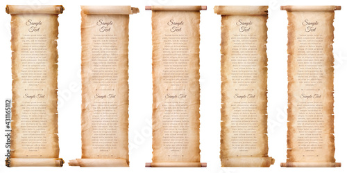 collection set old parchment paper scroll sheet vintage aged or texture isolated on white background.