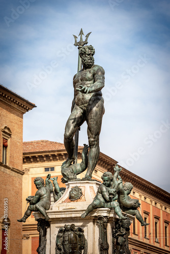 Close up of the Fountain of Neptune (1566), in Piazza del Nettuno, Bologna downtown, Emilia-Romagna, Italy, Europe. Artist Giambologna (1529-1608).