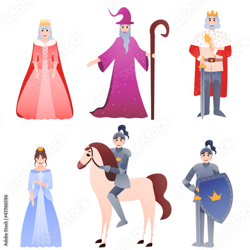 Fairy tale character set in cartoon childish style isolated on white background, fantasy kingdom