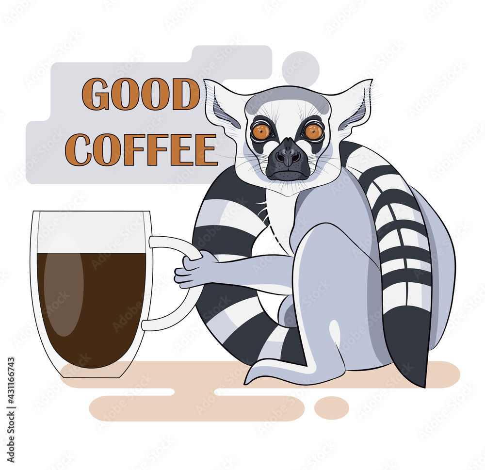 A ring-tailed lemur with large frightened eyes holds a chaka with coffee in  his hand. The inscription "Good coffee". Lemur catta was very encouraged by  the coffee. Vector illustration, logo, cafe Stock