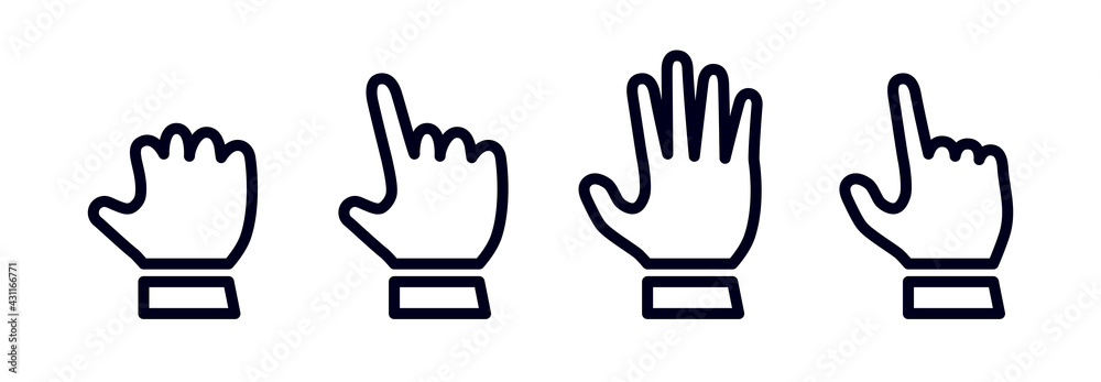 Set of hand pointer or cursor mouse clicking, Thumb up or like flat icons. Signs or symbols Hands. Vector illustration