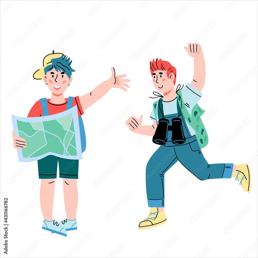 Children little explorers and travelers ready for summer adventure. Boy scouts in summer kids camp, cartoon vector illustration isolated on white background. Traveling children. Children little explorers and travelers ready for summer adventure. Boy scouts in summer kids camp, cartoon vector illustration isolated on white background. Traveling children.