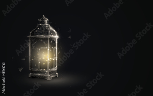 Ornamental Arabic lantern with burning candle glowing. Ramadan Kareem. Low poly, geometric, wire, Particles, lines, and triangles outline. Vector illustration