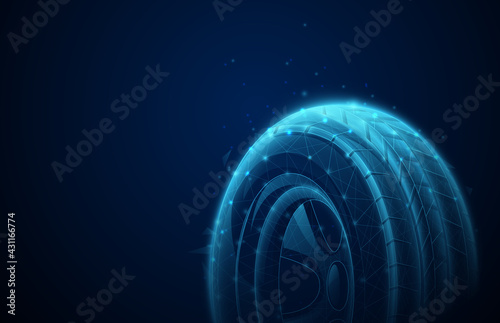 Technology car tire background. Low poly, geometric, wire, Particles, lines, and triangles outline. Vector illustration