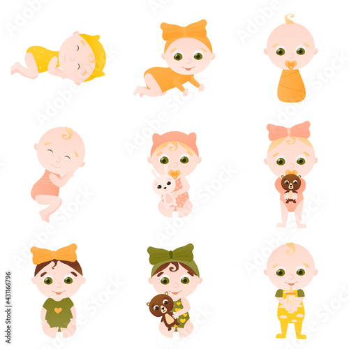Fototapeta Naklejka Na Ścianę i Meble -  Newborn kids in different poses with toys - playing or sleeping, baby shower concept in cartoon style