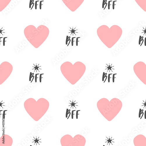 Girlish seamless pattern with repeating hearts, Best Friends Forever text abbreviation BFF and stars.