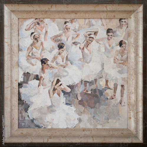 Young ballerinas in the light pink tutus behind the curtain are preparing for the performances.The background is blrown. Framed oil painting on canvas. photo