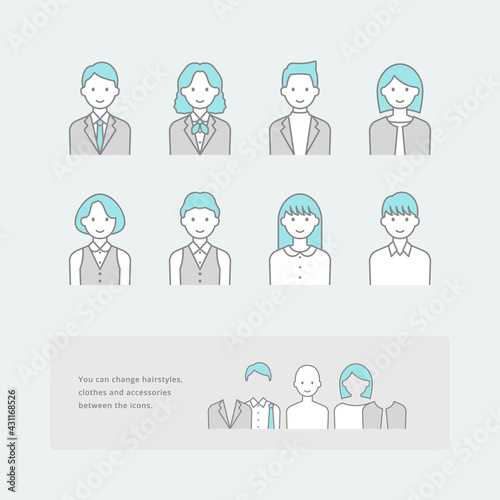 着せ替え可能な、シンプルな線画で描かれた、会社員の人物アイコンセット