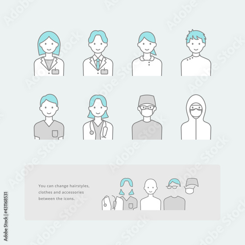 着せ替え可能な、シンプルな線画で描かれた、医療従事者の人物アイコンセット