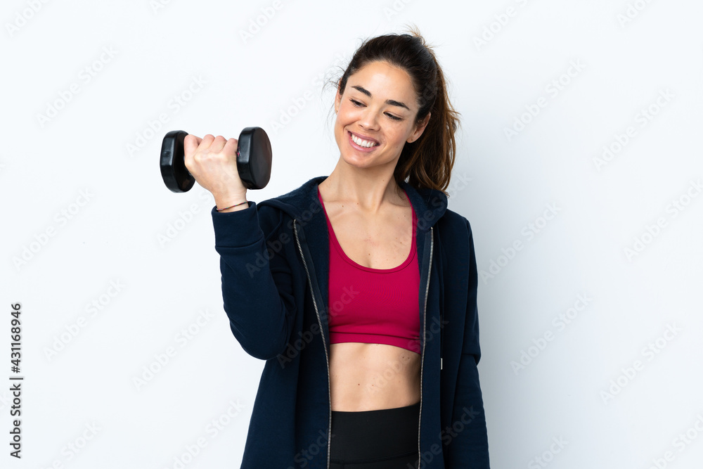 Sport woman making weightlifting over isolated white background with happy expression Sport woman making weightlifting over isolated white background with happy expression