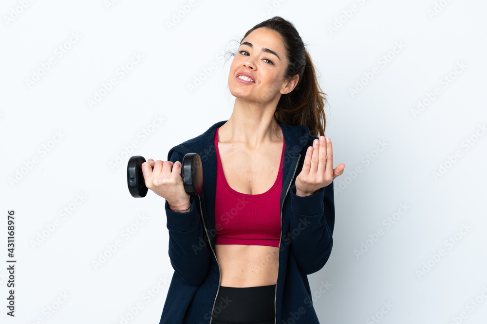 Sport woman making weightlifting over isolated white background inviting to come with hand. Happy that you came Sport woman making weightlifting over isolated white background inviting to come with hand. Happy that you came