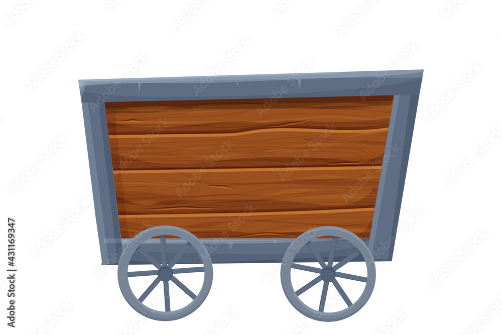 Mine trolley, cart vector illustration isolated on white background in cartoon style. Retro, underground transportation. Ui game asset.