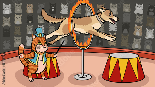 The cat trainer makes a big dog jump through a burning ring.