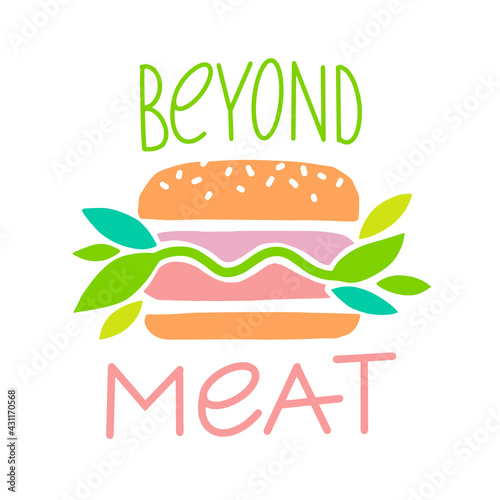 Beyond meat vector icon. Plant based hamburger. Green leaves instead of meat cutlet. Vegan product made from plants.