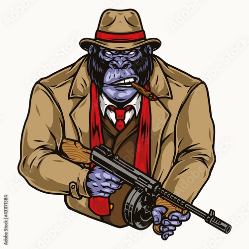 Angry gorilla gangster in fedora hat