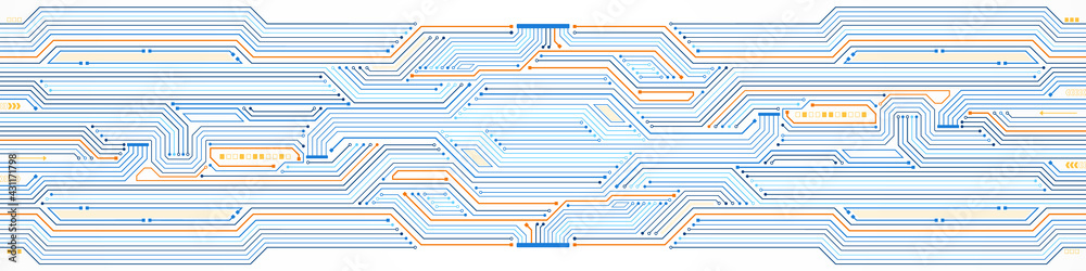 Abstract Technology Background, blue and orange circuit board pattern, microchip, power line