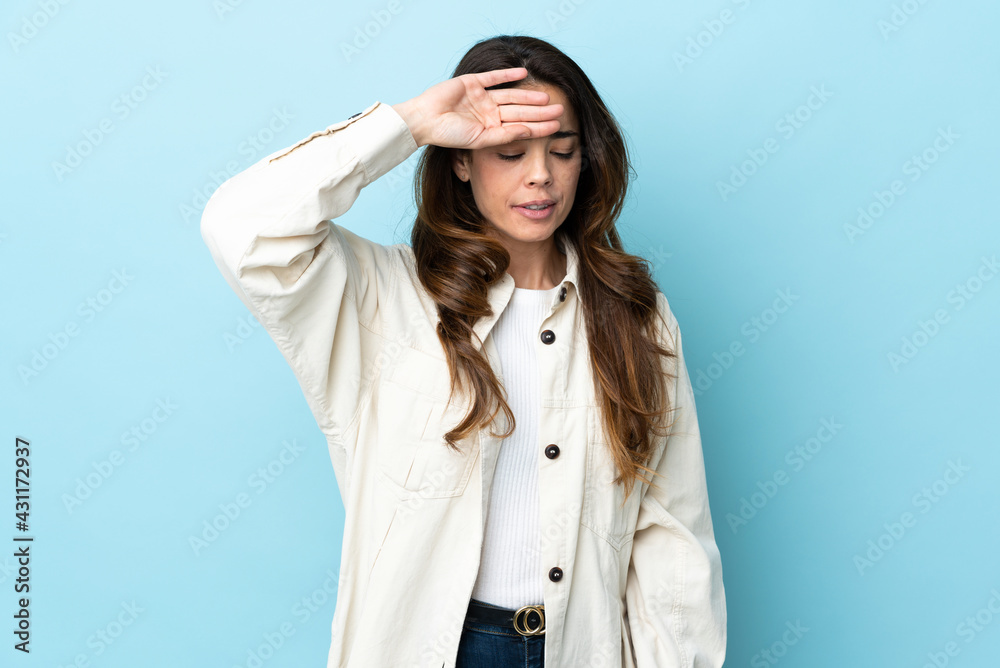 Woman over isolated background with tired and sick expression Woman over isolated background with tired and sick expression