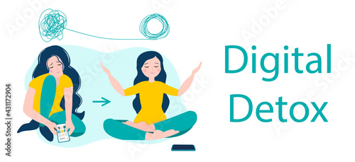 Digital detox and meditation. Woman meditating in lotus position. Vector illustration in flat style.