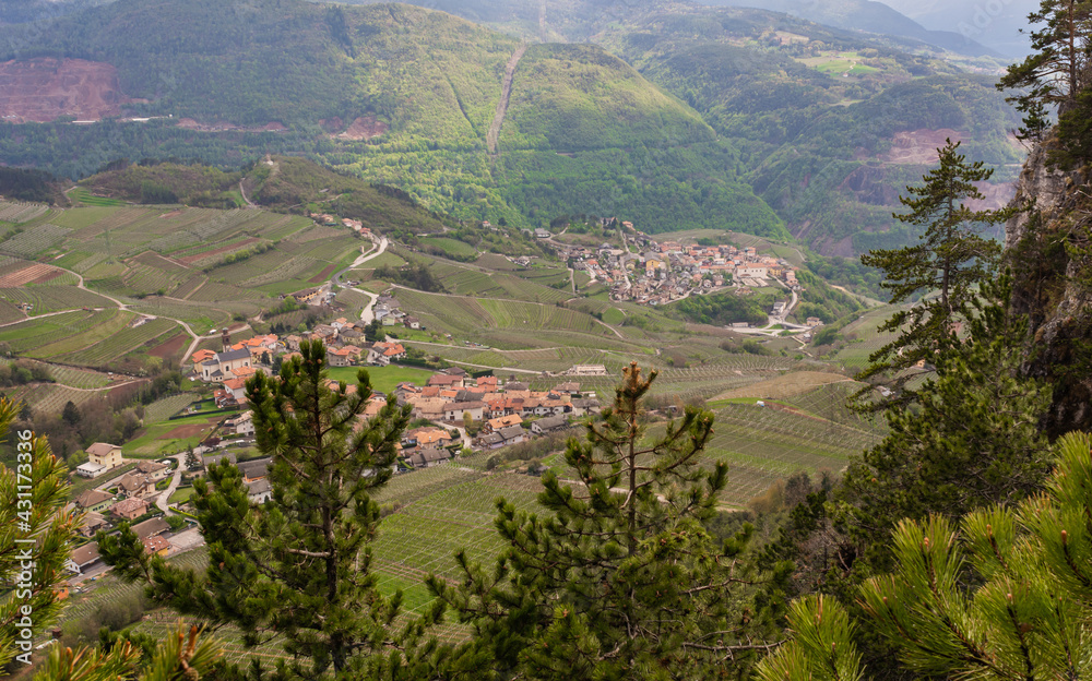 Cembra Valley landscape from Corona Mount in Trentino Alto Adige, northern Italy, Europe. Corona Mount is a 1,035 meter high mountain in the Val di Cembra. Cembra Valley landscape from Corona Mount in Trentino Alto Adige, northern Italy, Europe. Corona Mount is a 1,035 meter high mountain in the Val di Cembra.