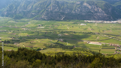 Rotaliana Valley landscape from Corona Mount in Trentino Alto Adige, northern Italy, Europe. Corona Mount is a 1,035 meter high mountain in the Val di Cembra.