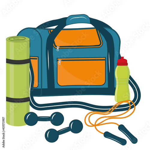 Composition Sports bag with fitness items, color isolated vector illustration