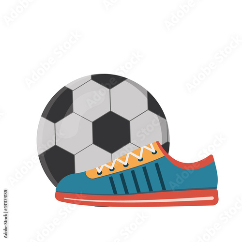 Sports shoes sneakers on the background of a soccer ball, color vector illustration in the style of flat