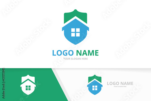 Vector real estate and shield logo combination. Unique safe home logotype design template.