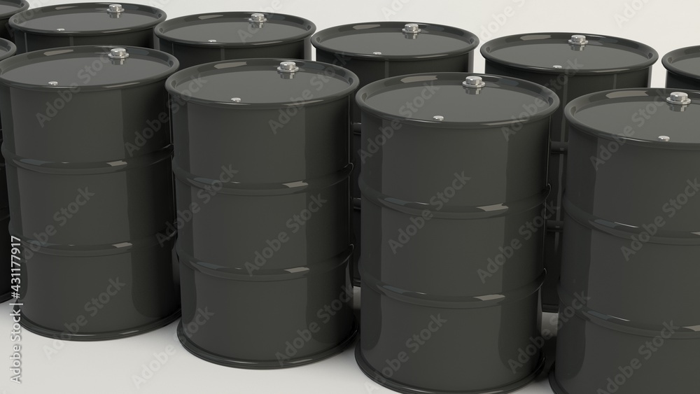 Black iron barrels with oil. 3D visualization. Black iron barrels with oil. 3D visualization.